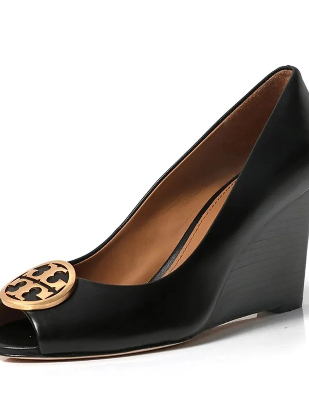 Tory Burch Black Leather Peep-Toe Wedge with Gold Logo Disc